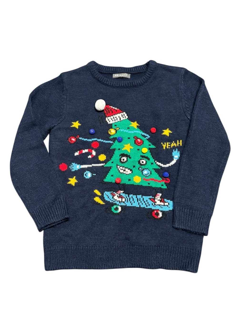 Primark Kids Christmas Sweater Navy Graphic Tree Skateboard Holiday